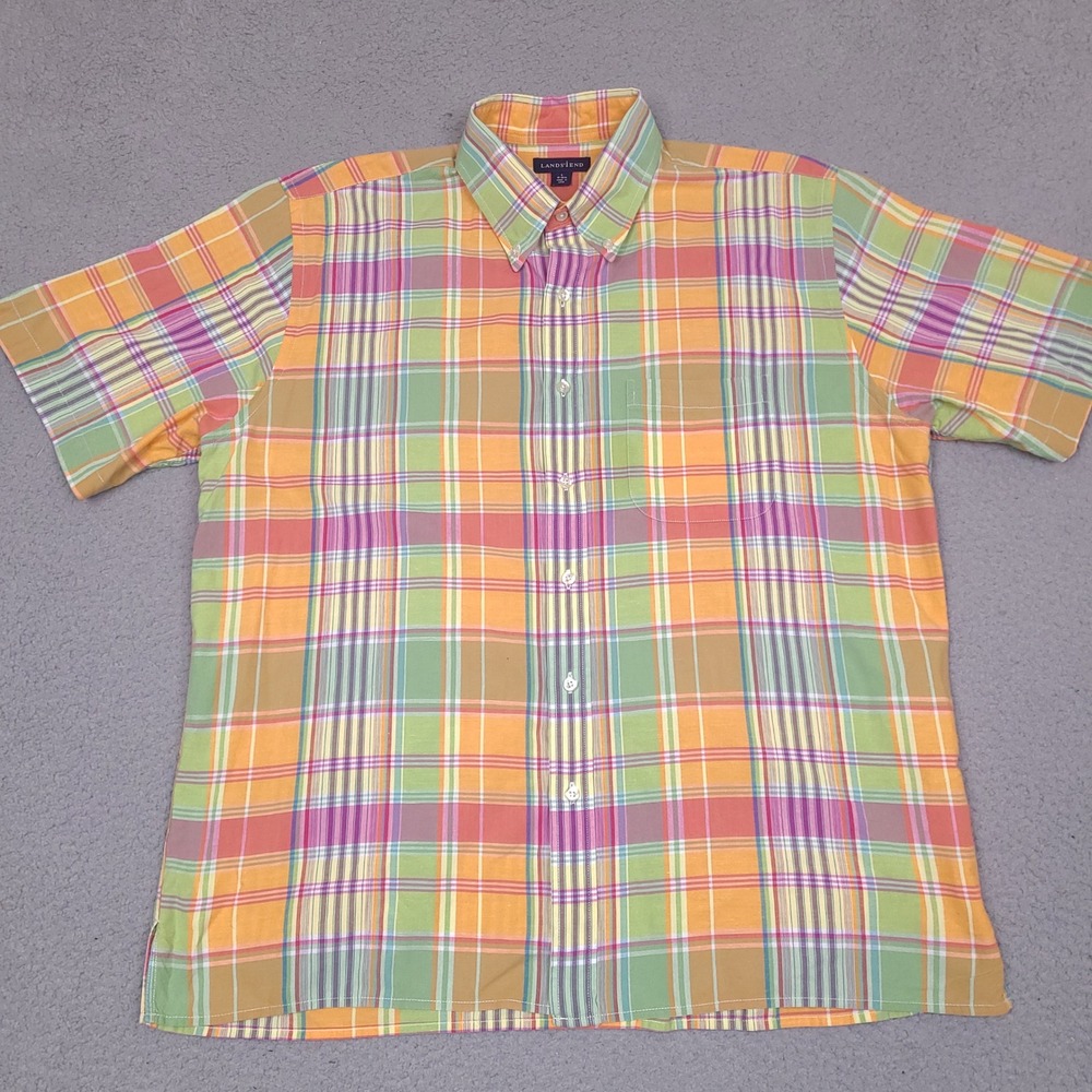 Lands End Shirt‎ Mens Large 16-16.5 Colorful Pastel Short Sleeve Button Down
